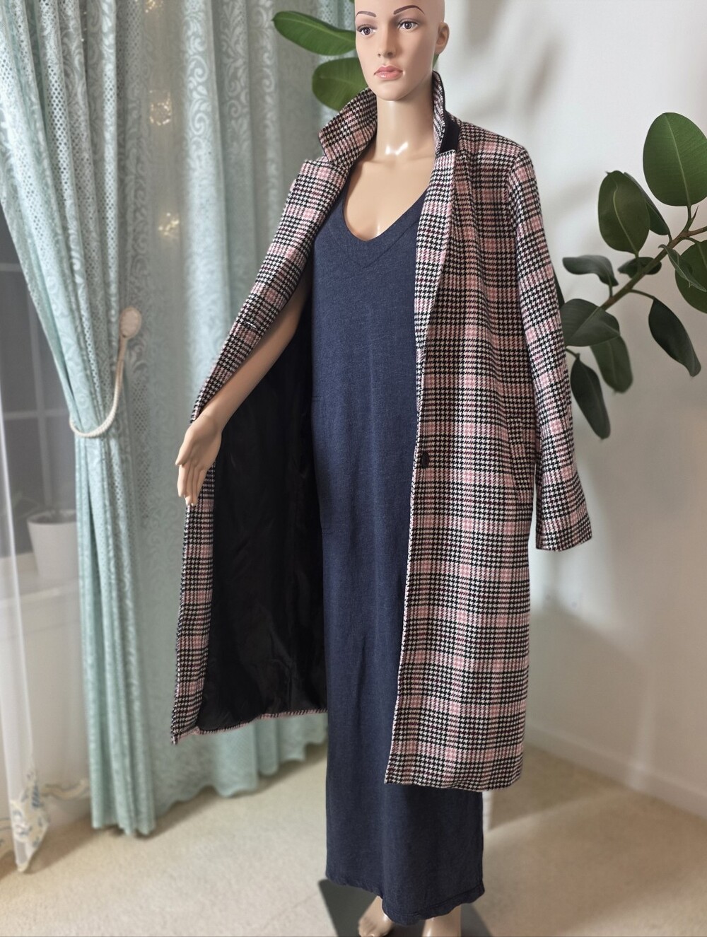Pink Black Plaid Longline Coat Jacket Size M - Picture 4 of 8